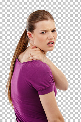 Buy stock photo Neck pain, portrait and sad woman or student isolated on transparent, png background for college fail, mistake or crisis. Stress, injury or spine problem of young person in for university deadline