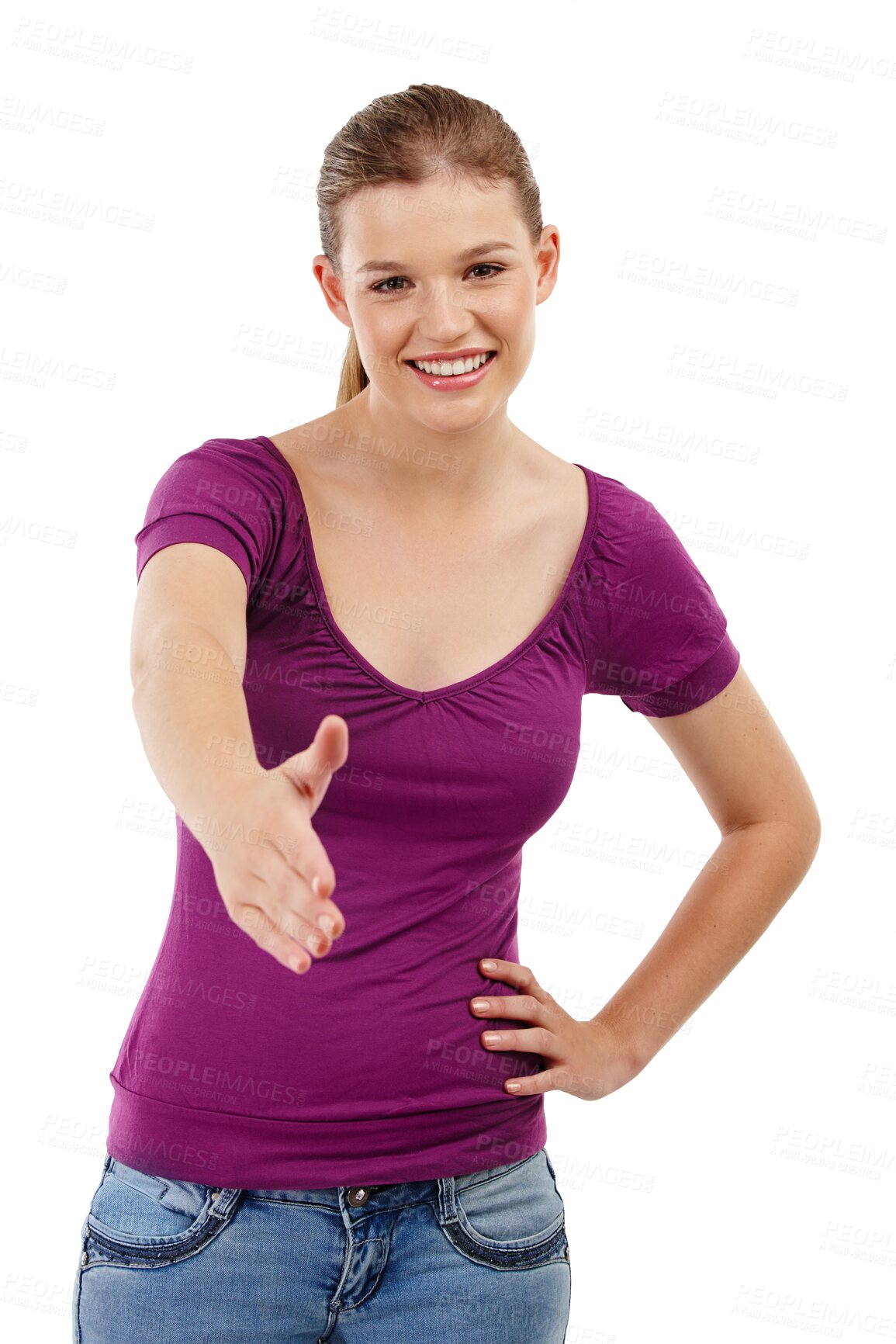 Buy stock photo Handshake, hello and portrait of woman with smile on isolated, png and transparent background. Happy, friendly and young female person with shaking hand gesture for introduction, greeting and welcome