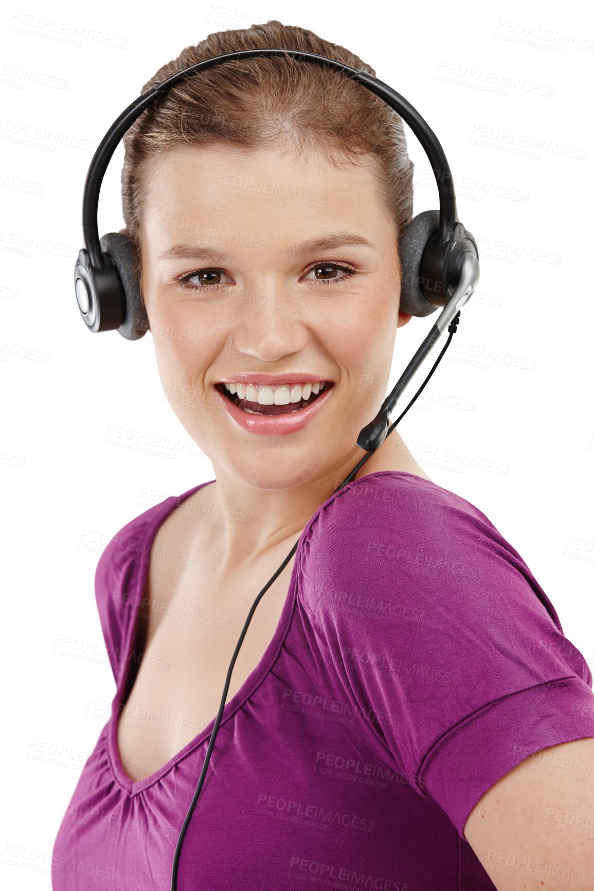 Buy stock photo Isolated woman, portrait and call center with smile, consulting and transparent png background. Girl, customer service or technical support with microphone, headphones and happy for telemarketing job