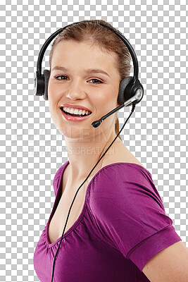 Buy stock photo Isolated woman, portrait and telemarketing with smile, consulting and transparent png background. Girl, customer service or technical support with microphone, headphones and happy for call center job