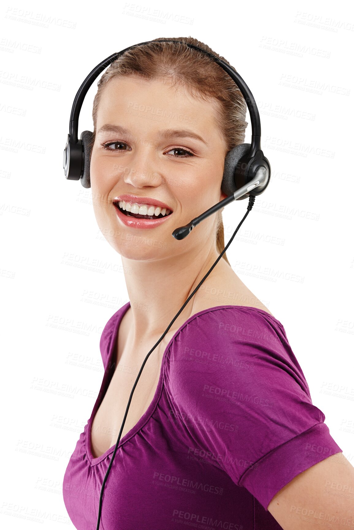 Buy stock photo Isolated woman, portrait and telemarketing with smile, consulting and transparent png background. Girl, customer service or technical support with microphone, headphones and happy for call center job