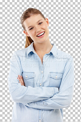 Studio portrait of a pretty teenage girl standing with her arms