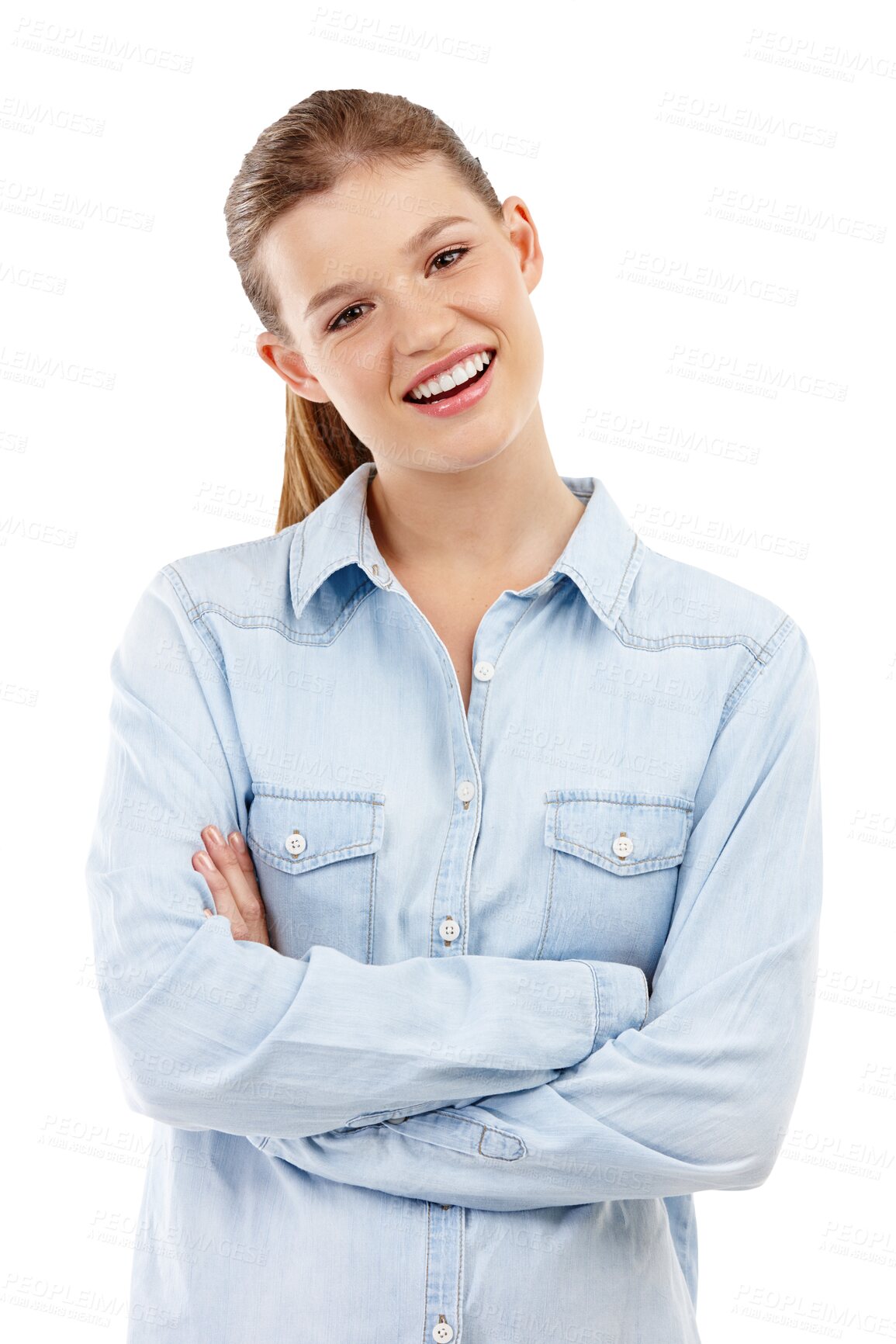 Buy stock photo Excited, teen and portrait with cross arm is positive in png or isolated and transparent background with news. Girl, teenager and arms crossed with happy face is amazed or proud or confident.