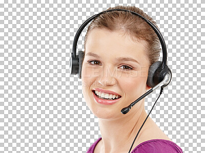 Buy stock photo Isolated young woman, portrait and call center with smile, consulting and transparent png background. Girl, customer service or tech support with microphone, headshot and happy for telemarketing job