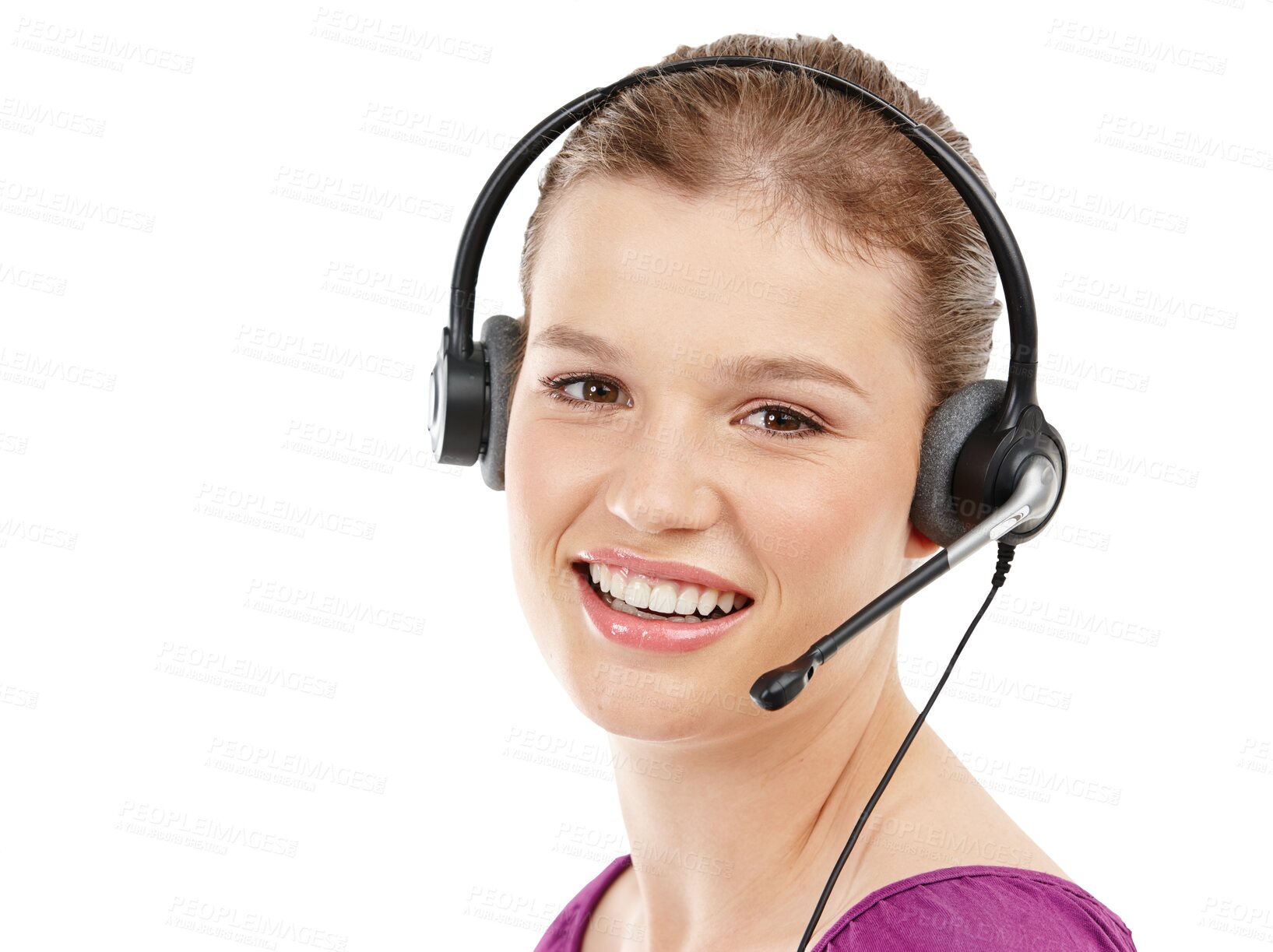 Buy stock photo Isolated young woman, portrait and call center with smile, consulting and transparent png background. Girl, customer service or tech support with microphone, headshot and happy for telemarketing job