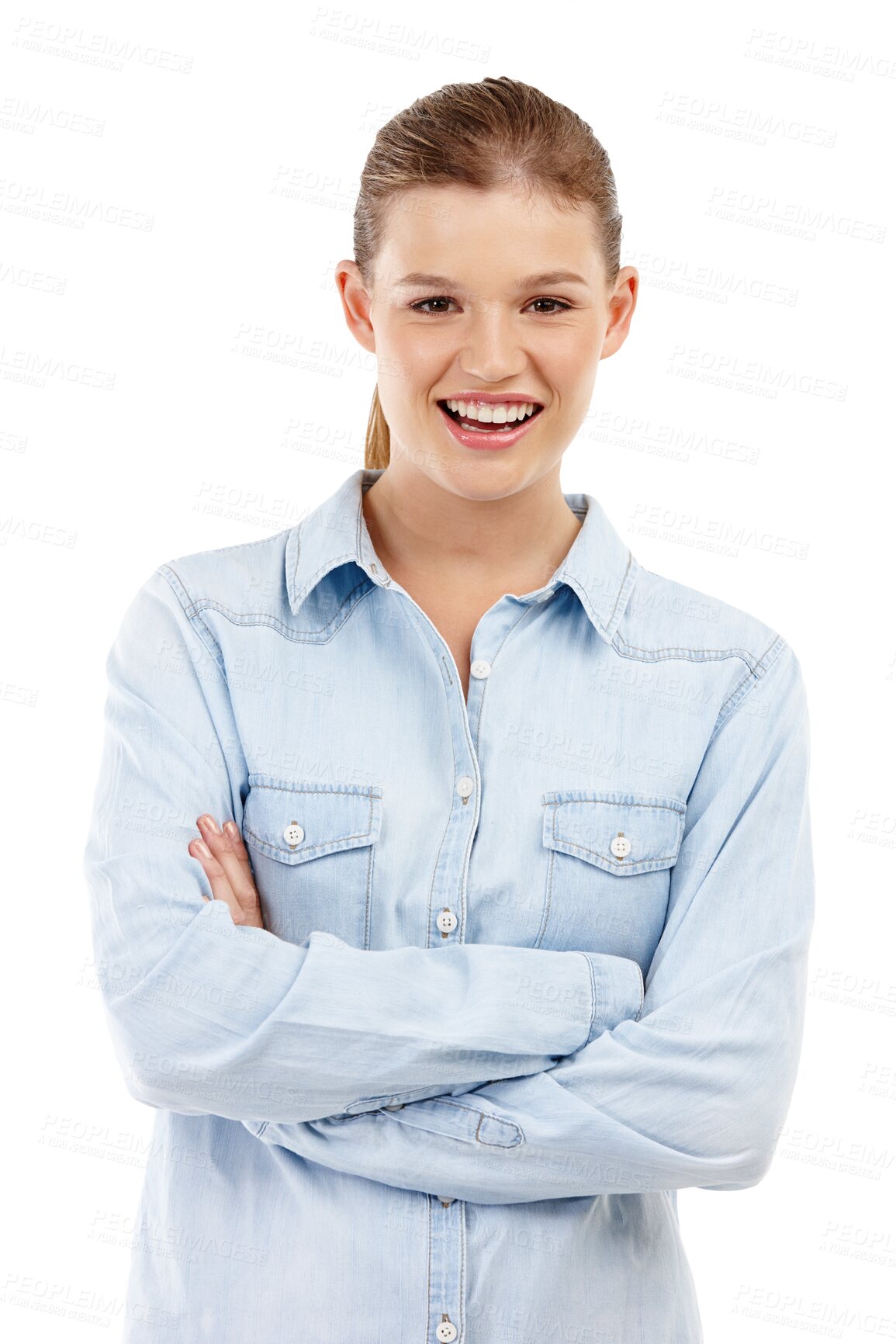 Buy stock photo Teen, portrait and arms crossed with happiness in png with isolated or transparent background with confidence. Happy, school girl and smile with cross arm with positive or excited face with news.