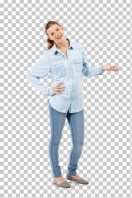 Buy stock photo Denim fashion, happy and portrait of girl with a gesture for happiness, confidence and to show style. Smile, presenting and woman or teenager in stylish clothes isolated on transparent png background