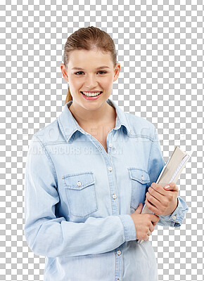 Buy stock photo College, education and a woman student with books isolated on a transparent, png background. Happy female model person with a smile and information for learning, studying and knowledge or reading