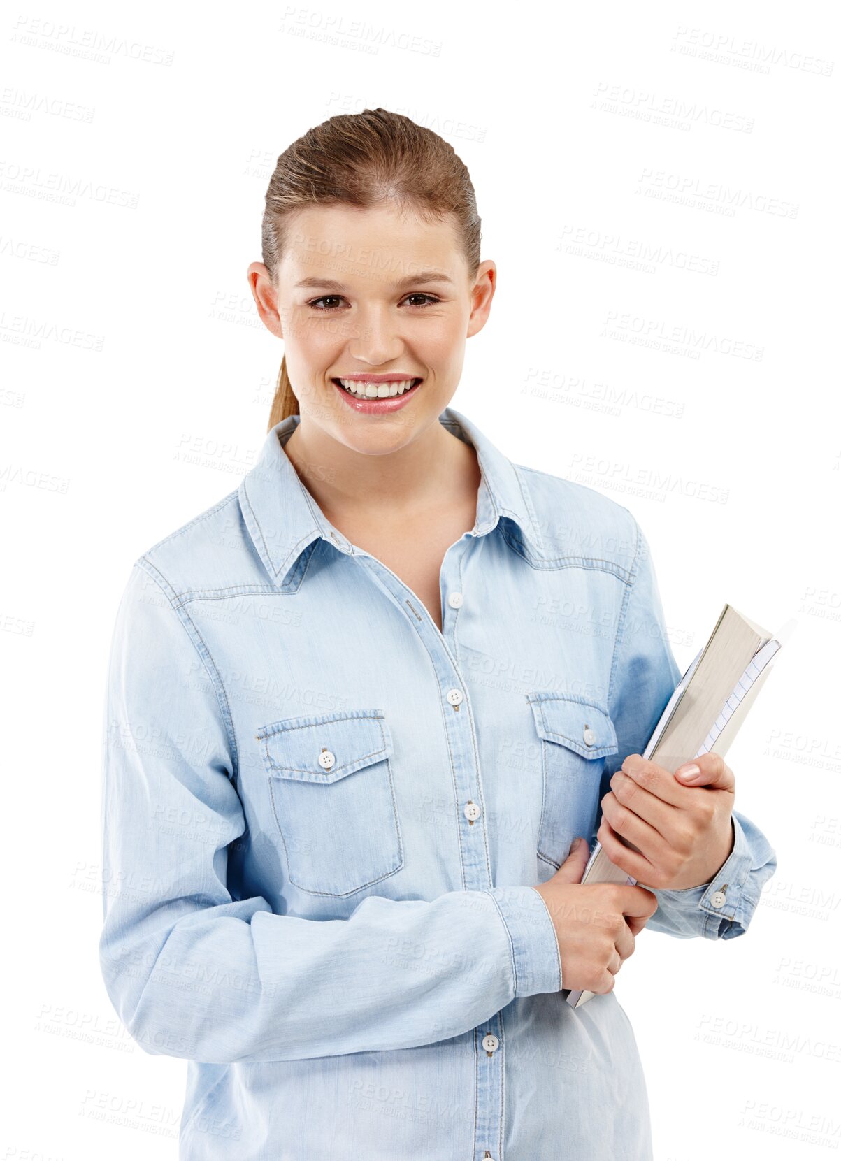 Buy stock photo College, education and a woman student with books isolated on a transparent, png background. Happy female model person with a smile and information for learning, studying and knowledge or reading