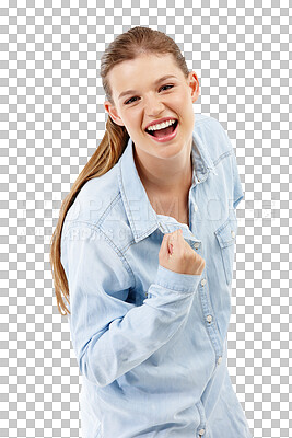 Buy stock photo Success, portrait and excited woman celebrate isolated on transparent png background. Winner, yes and happy person in lottery celebration, winning bonus or promotion, prize or fist pump for good news