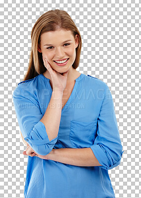 Buy stock photo Happy, smile and portrait of a young woman isolated on a transparent, png background. Teenager or gen z female model person from Sweden with a positive mindset, natural beauty and hand on face