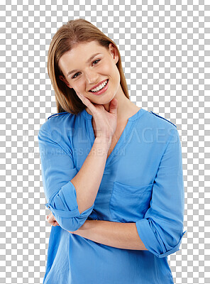 Buy stock photo Happy, smile and face of a young woman isolated on a transparent, png background. Portrait of a female person or student from Sweden with a positive mindset, natural beauty and casual fashion