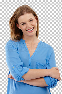 Buy stock photo Portrait, teen and happiness with arms crossed in isolated with png or transparent background with style. Smile, teenager and fashion or happy face and cross arm or clothes or brand with confidence.