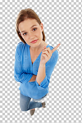 Buy stock photo Girl pointing at announcement, advertising and deal with news isolated on transparent png background. Young female teen ambassador, opportunity with brand marketing and presentation in above portrait