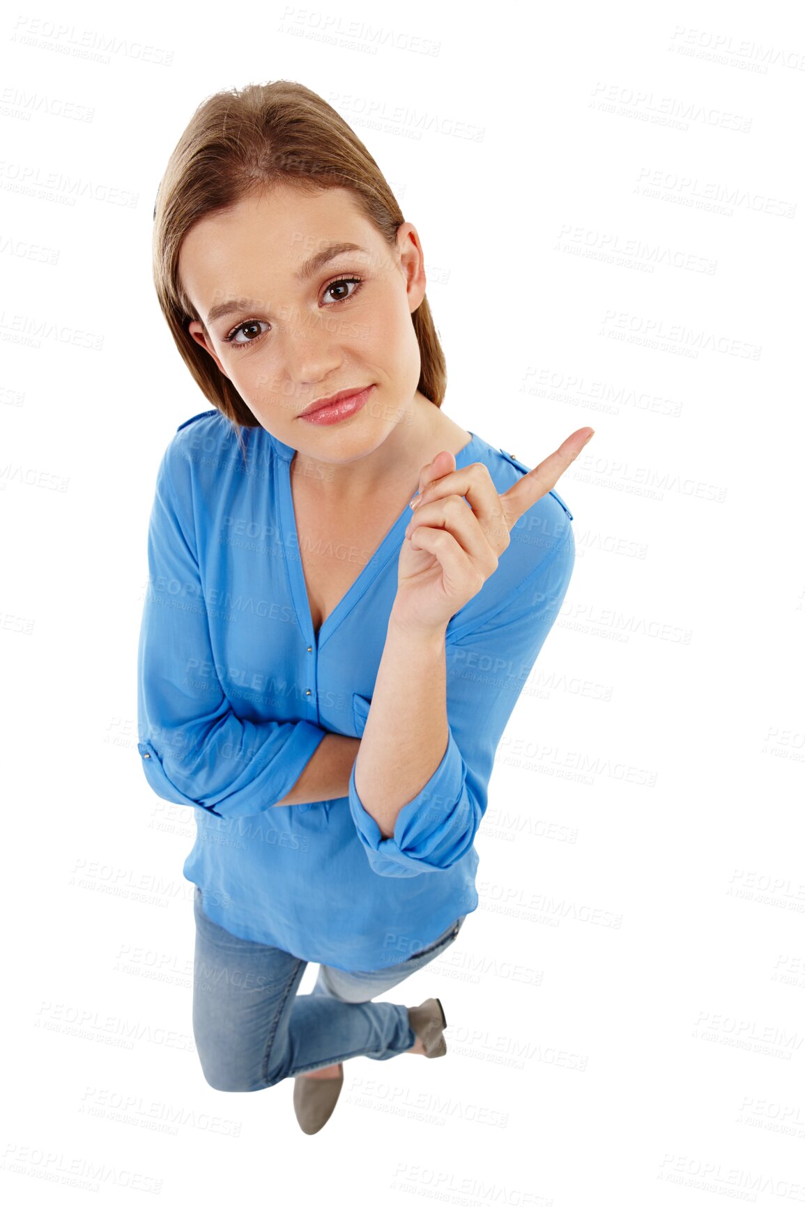 Buy stock photo Girl pointing at announcement, advertising and deal with news isolated on transparent png background. Young female teen ambassador, opportunity with brand marketing and presentation in above portrait