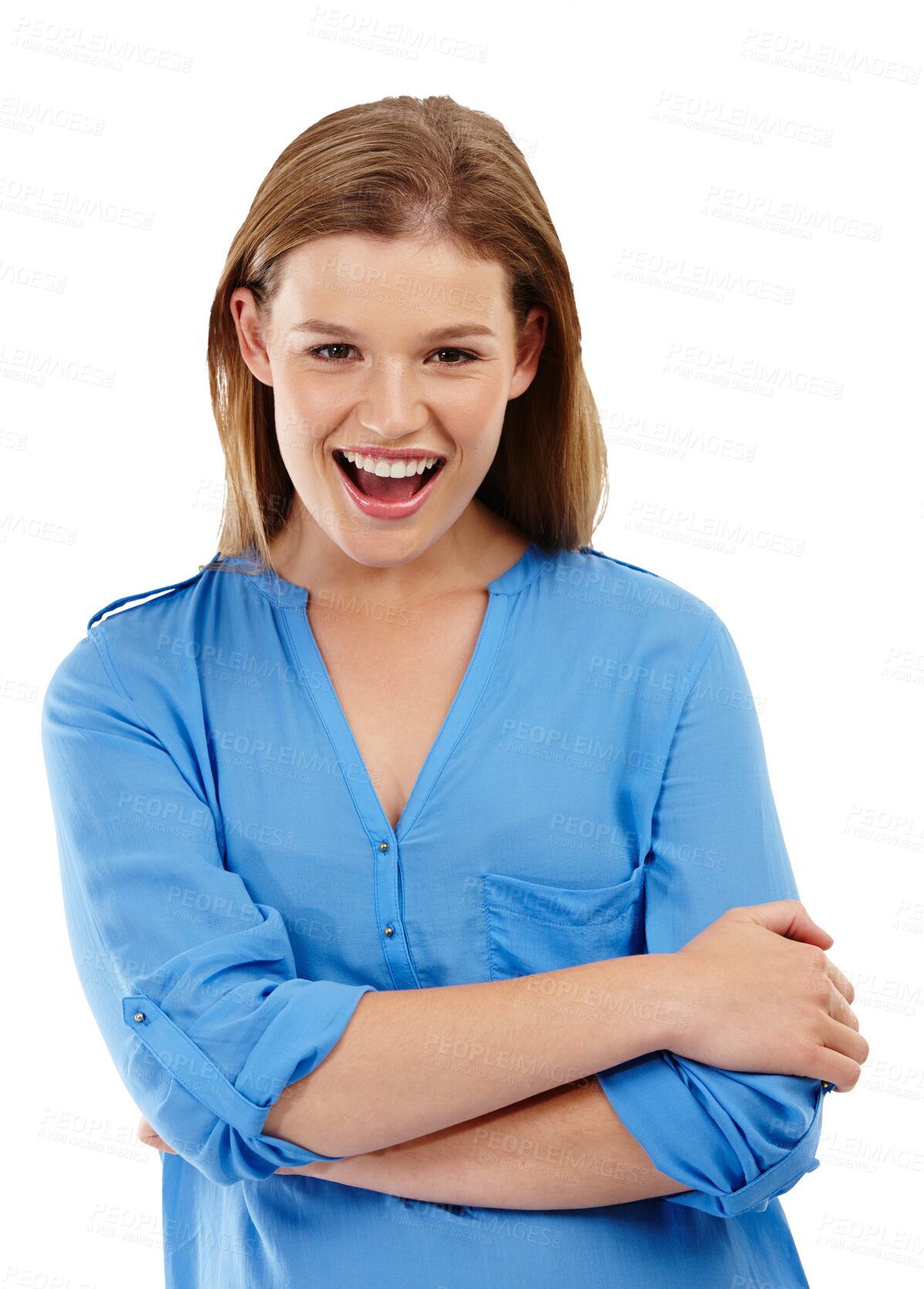 Buy stock photo Girl, wow and portrait of excited teenager with happy, smile and student, person or model on isolated, transparent or png background. Surprise, face and teen with arms crossed or ready for school