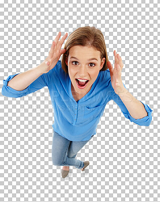 Buy stock photo Wow, portrait and happy woman isolated on a transparent, png background from above for news, sale or announcement. Excited person, model or winner shout for winning, celebration and crazy discount