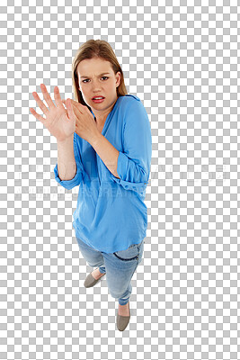 Buy stock photo Stop, scared and teen girl isolated on transparent png background with high angle, stress and anxiety. Fear, horror and domestic violence, frustrated teenager with hand up in danger or physical abuse