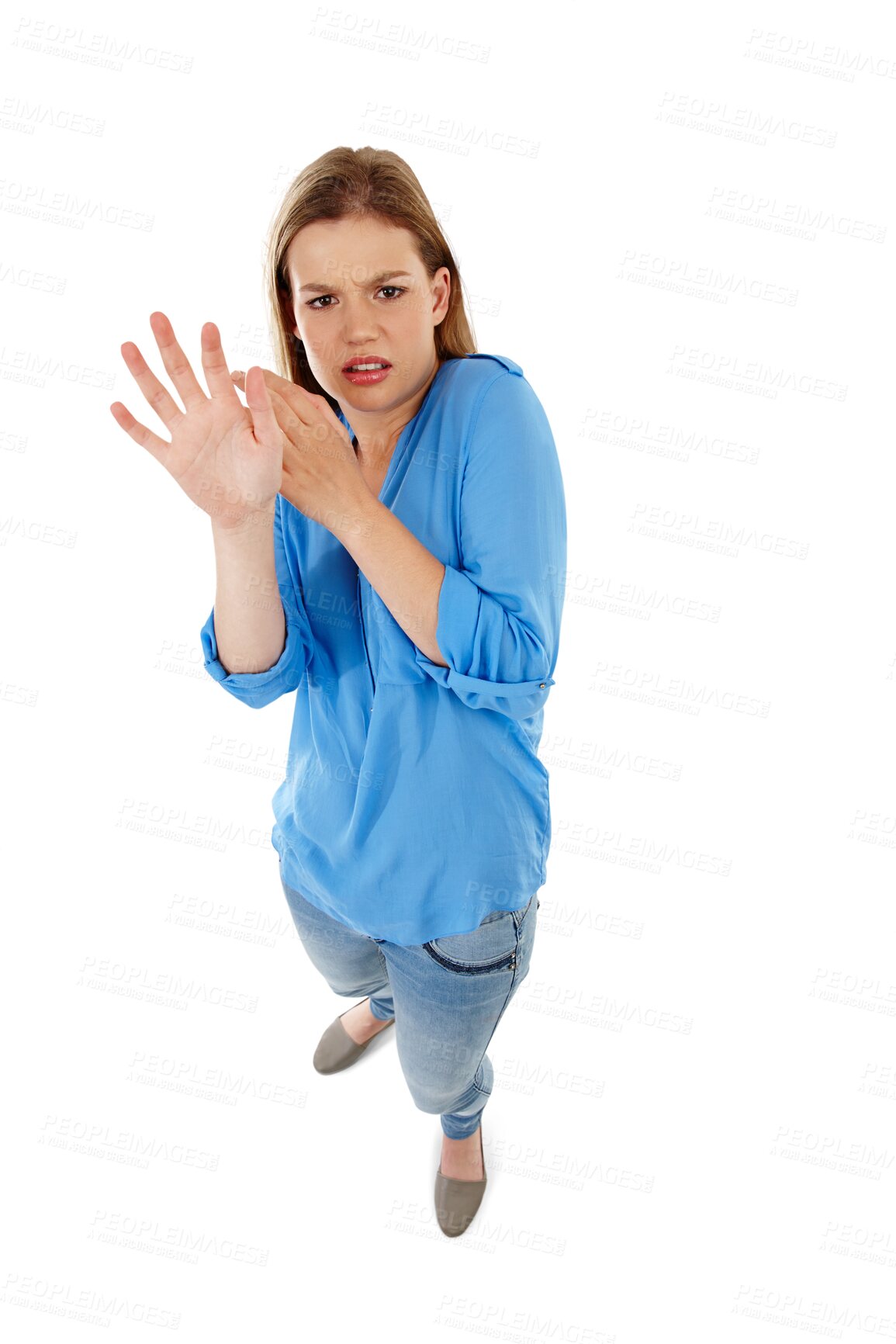 Buy stock photo Stop, scared and teen girl isolated on transparent png background with high angle, stress and anxiety. Fear, horror and domestic violence, frustrated teenager with hand up in danger or physical abuse