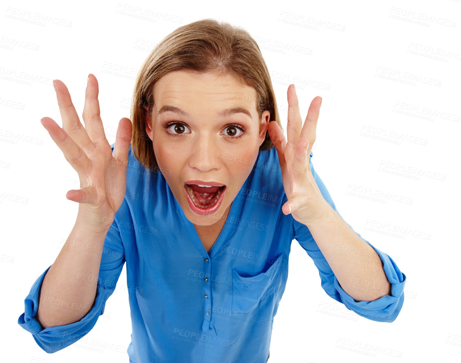 Buy stock photo Wow, portrait and shocked woman isolated on transparent, png background for news, sale or winning. Face of person, model or winner shout for retail surprise, giveaway celebration and crazy discount