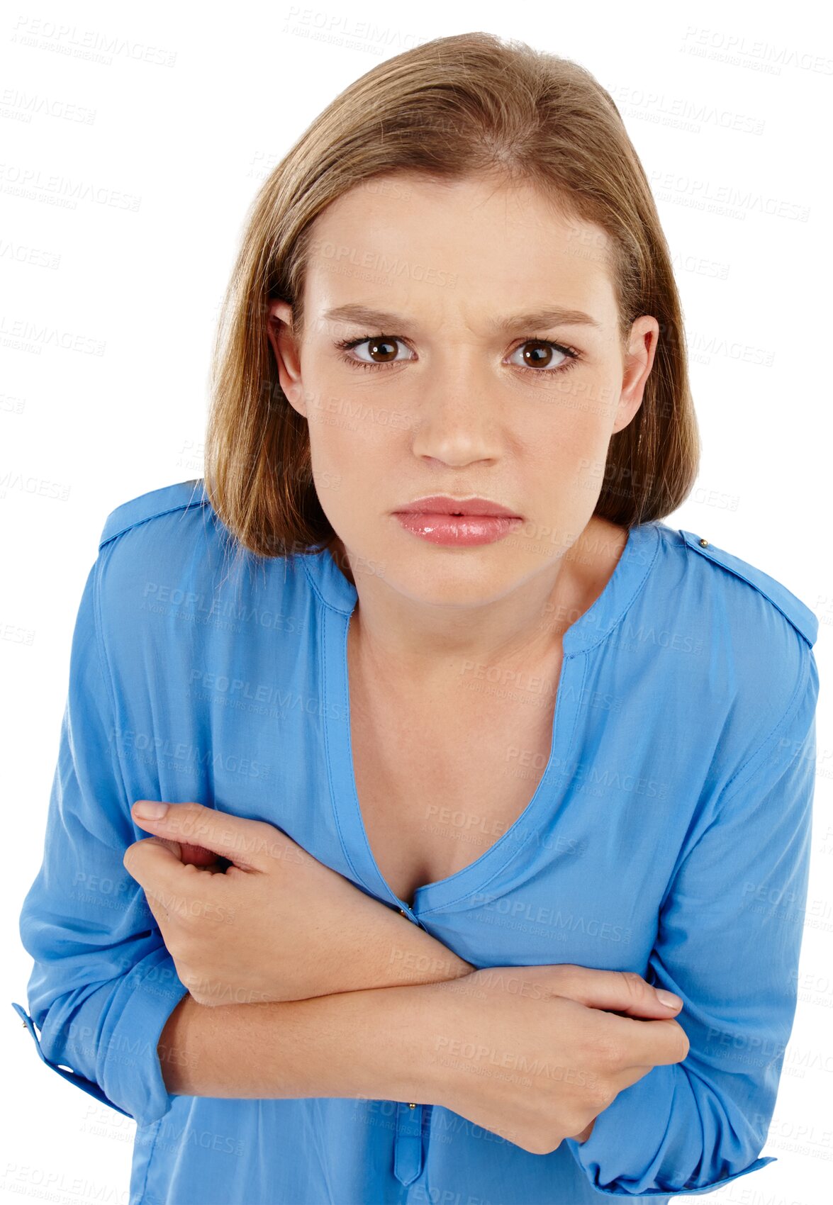 Buy stock photo Girl, face with anxiety and upset in portrait, teenager is unhappy and insecure isolated on transparent png background. Female teen with crisis, frown and angry with gen z youth and negative mindset