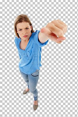 Buy stock photo Portrait, pointing and blame with a woman isolated on a transparent background to accuse you of guilt. Accountability, point and frown with an angry person showing a warning gesture on PNG from above