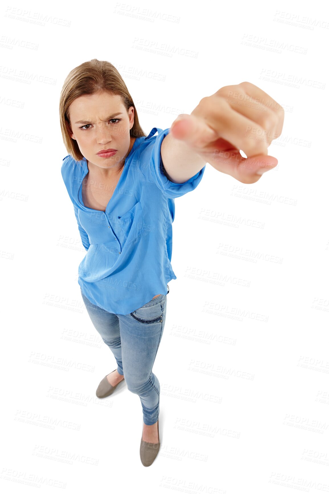 Buy stock photo Portrait, pointing and blame with a woman isolated on a transparent background to accuse you of guilt. Accountability, point and frown with an angry person showing a warning gesture on PNG from above