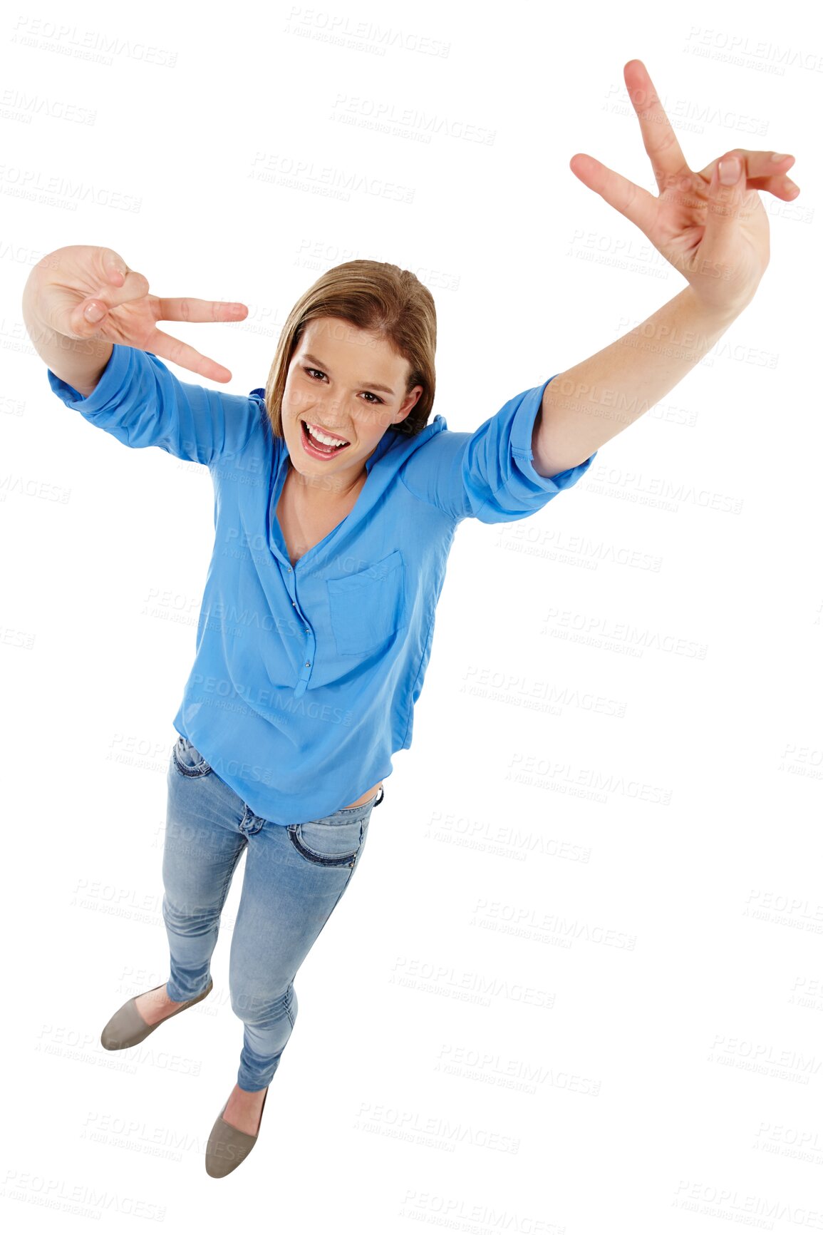 Buy stock photo Peace sign, happy and top view portrait of woman on isolated, png and transparent background. Emoji, beauty and high angle of female person with hand gesture for positive mindset, happiness and smile