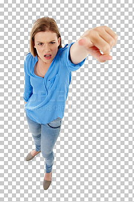 Buy stock photo Portrait, point and blame with a woman isolated on a transparent background to accuse you of guilt. Accountability, pointing and frown with an angry person showing a warning gesture on PNG from above