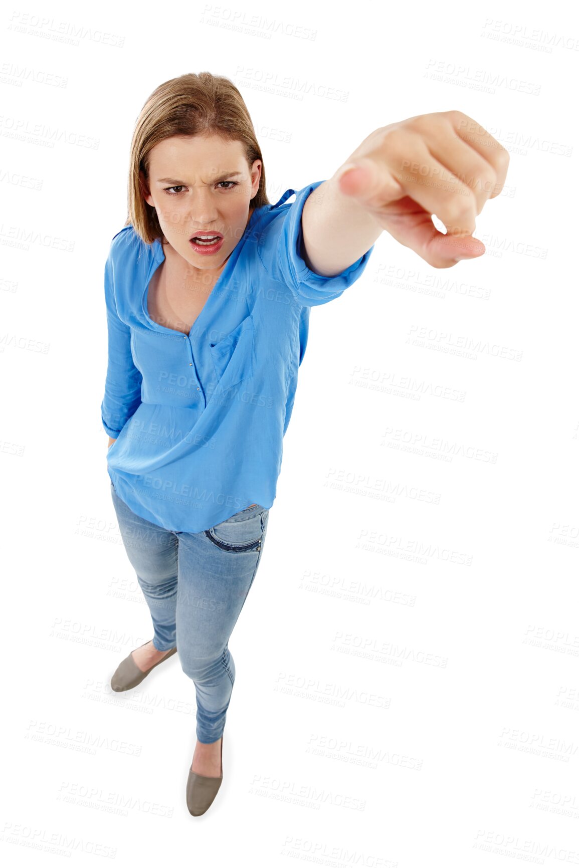 Buy stock photo Portrait, point and blame with a woman isolated on a transparent background to accuse you of guilt. Accountability, pointing and frown with an angry person showing a warning gesture on PNG from above