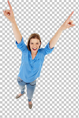 Buy stock photo Point, happy and top view portrait of woman on isolated, png and transparent background. Advertising, promotion and female person with pointing hand gesture for selection, announcement and news