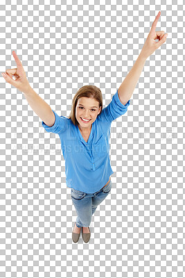 Buy stock photo Pointing up, happy and above portrait of woman on isolated, png and transparent background. Advertising, promotion and face of female person with hand gesture for marketing, announcement and news