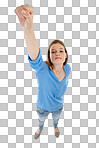High-angle view of a teenage girl standing with one arm outstretched isolated on a png background