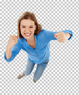 Buy stock photo Top view, winner and portrait of woman in celebration isolated on a transparent png background. Achievement, yes and happy person celebrate lottery, bonus prize or promotion, success and good news.