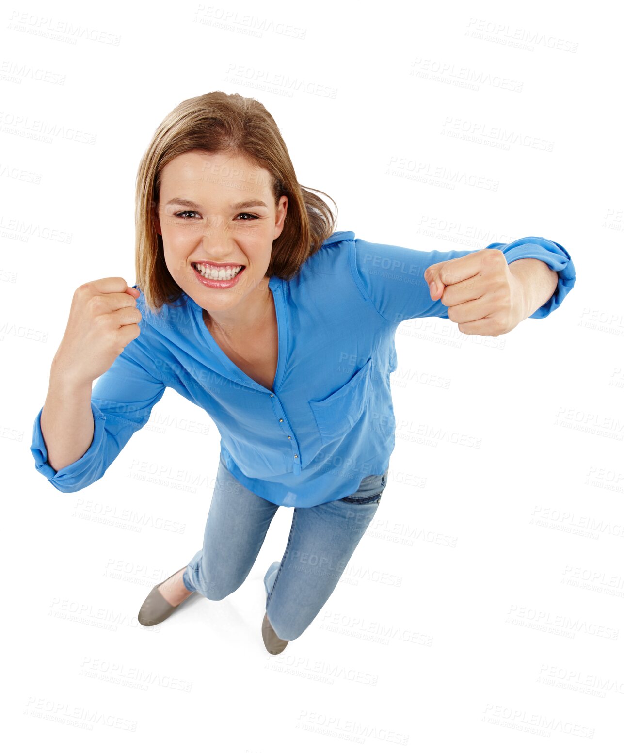 Buy stock photo Top view, winner and portrait of woman in celebration isolated on a transparent png background. Achievement, yes and happy person celebrate lottery, bonus prize or promotion, success and good news.