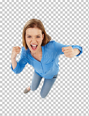 Buy stock photo Yes, portrait and happy woman winning isolated on transparent png background for news, sale or celebration. Excited person or winner above with fist for surprise bonus, celebrate success or discount