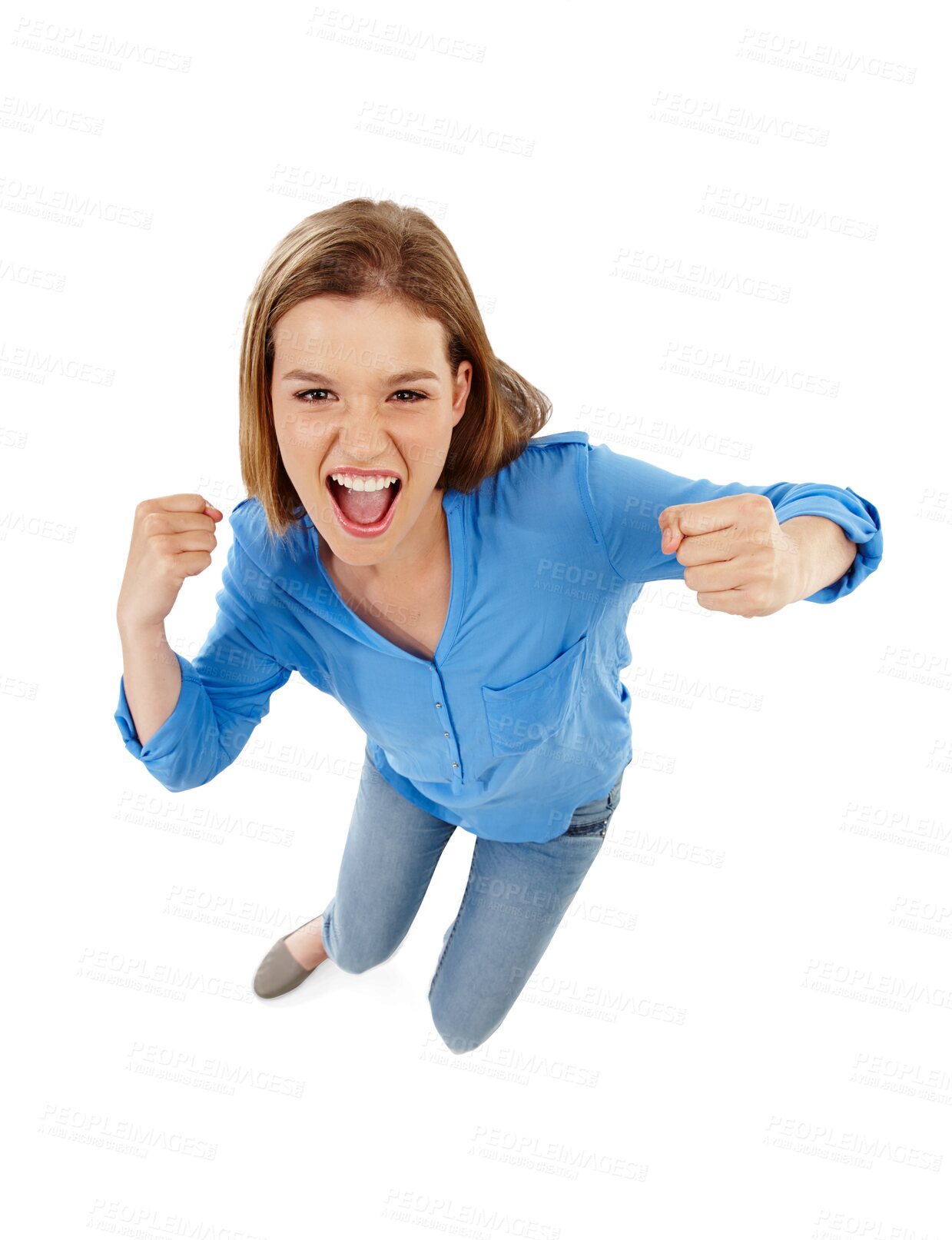 Buy stock photo Yes, portrait and happy woman winning isolated on transparent png background for news, sale or celebration. Excited person or winner above with fist for surprise bonus, celebrate success or discount