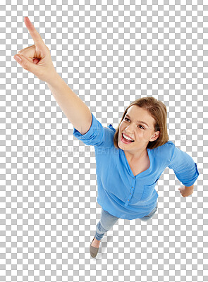 Buy stock photo Pointing, stretching and young woman excited for sale isolated on transparent png background in casual clothes. Fashion, promotion and person or model from above for presentation of discount or news