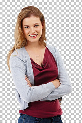 Buy stock photo Portrait, girl with arms crossed and teenager with smile, happy or confident student, person or model on isolated, transparent or png background. Happiness, face and teen ready for learning or school