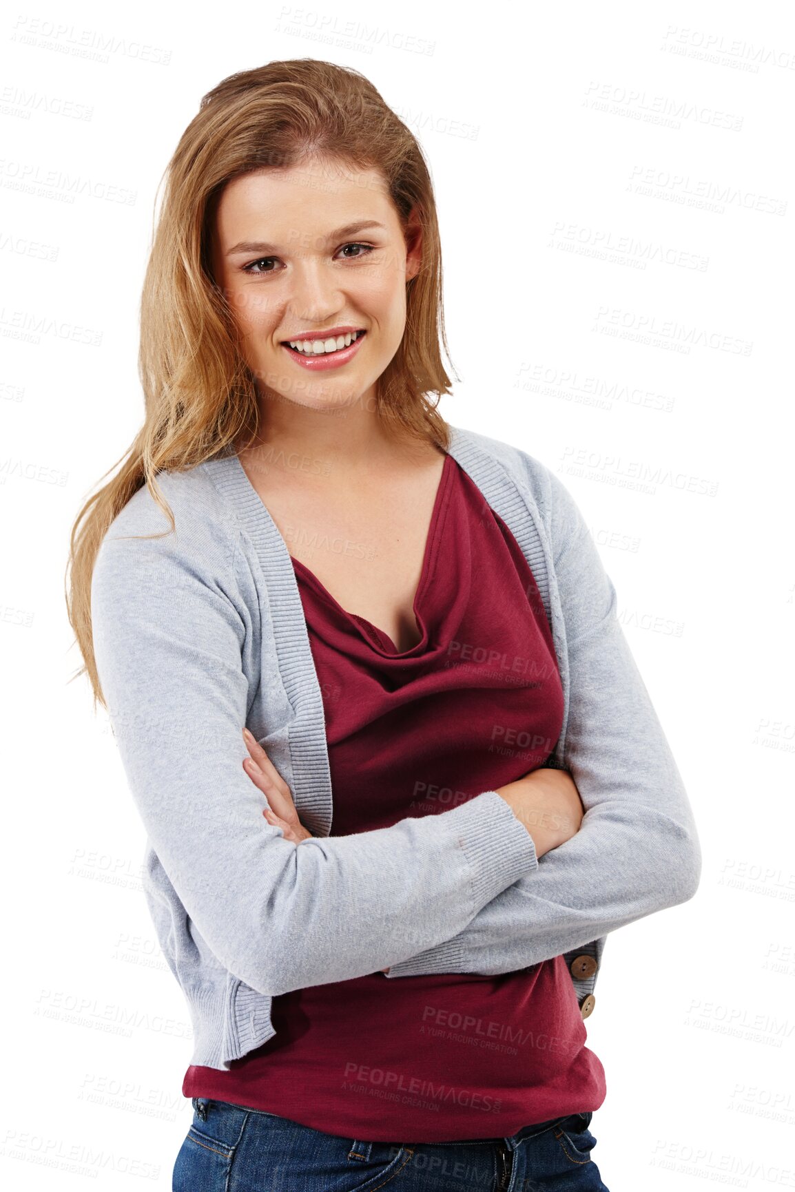 Buy stock photo Portrait, girl with arms crossed and teenager with smile, happy or confident student, person or model on isolated, transparent or png background. Happiness, face and teen ready for learning or school