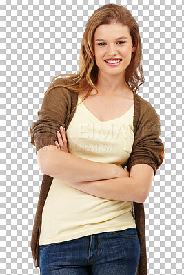 Buy stock photo Girl with arms crossed, portrait and teenager with smile or excited student, person or model on isolated, transparent or png background. Happy, face and teen ready for learning, education or school