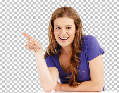 Buy stock photo Portrait, point and announcement with a woman isolated on transparent background for marketing or advertising. Smile, information or gesture with a happy young female brand ambassador pointing on PNG