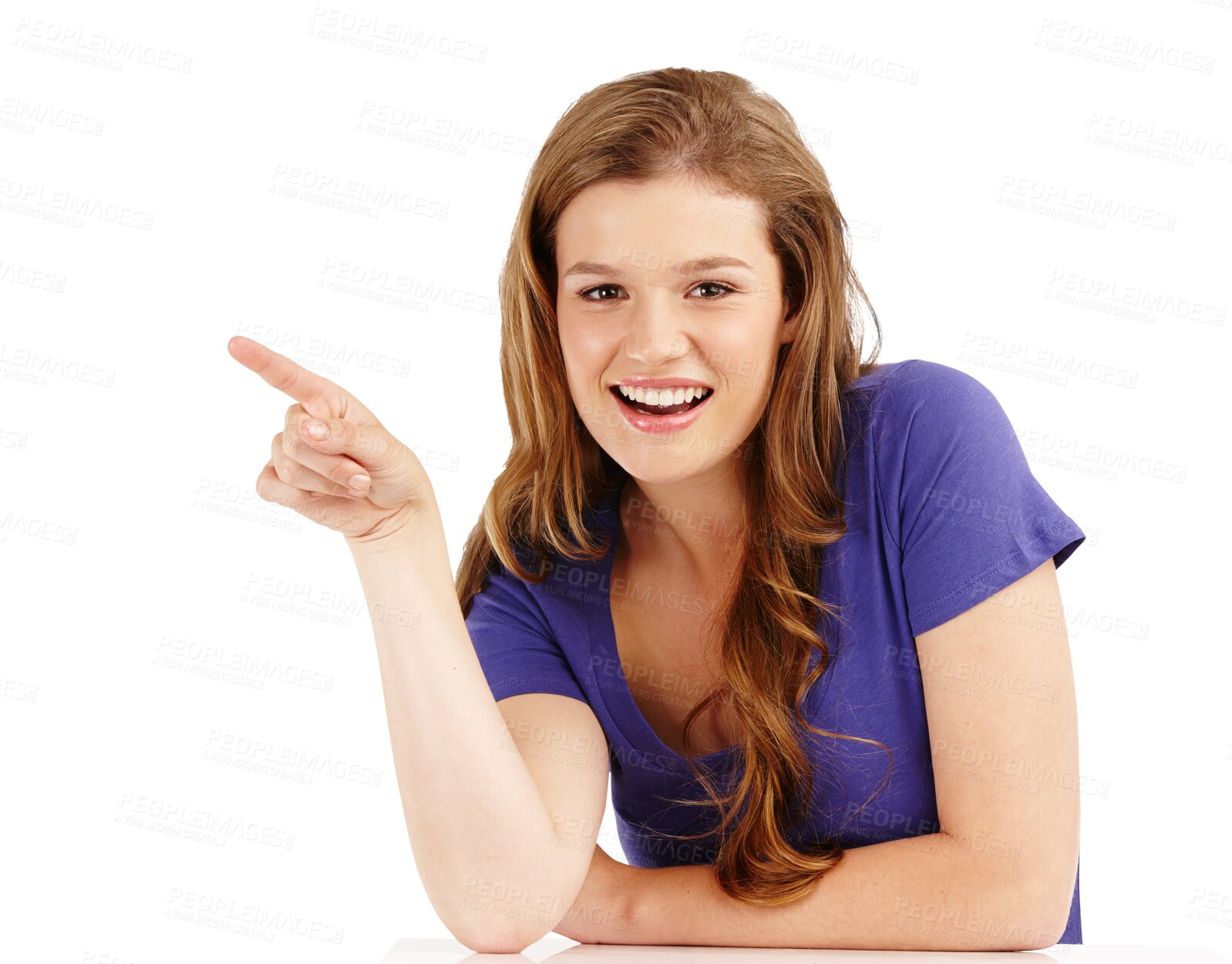 Buy stock photo Portrait, point and announcement with a woman isolated on transparent background for marketing or advertising. Smile, information or gesture with a happy young female brand ambassador pointing on PNG