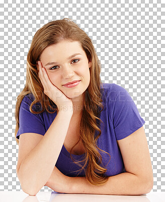 Buy stock photo Portrait of teenager girl, happy and isolated on transparent png background and hand on face at school table. Learning, education and calm teen model at desk with dream, wonder and smile in youth.