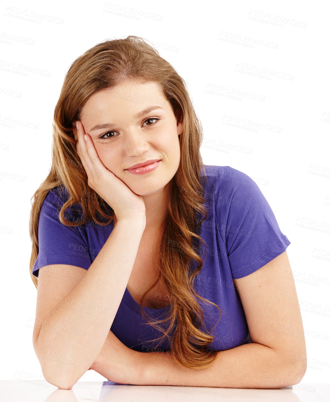 Buy stock photo Portrait of teenager girl, happy and isolated on transparent png background and hand on face at school table. Learning, education and calm teen model at desk with dream, wonder and smile in youth.