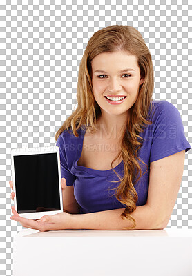 Buy stock photo Tablet screen, presentation and portrait of a woman to show technology, communication app or contact. Happy, digital and girl at desk with social media on tech isolated on transparent png background