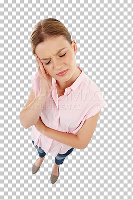 Buy stock photo Headache, stress and young woman isolated on a transparent, png background for exam or study problem. Person or student with pain, angry and frustrated or tired with brain fog and fatigue from above