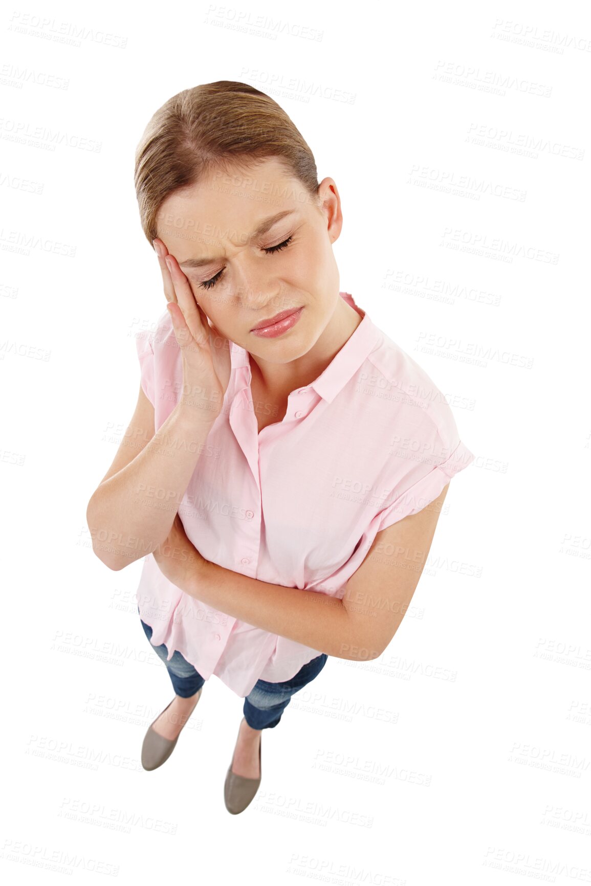 Buy stock photo Headache, stress and young woman isolated on a transparent, png background for exam or study problem. Person or student with pain, angry and frustrated or tired with brain fog and fatigue from above