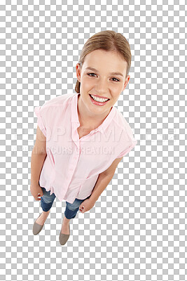 Buy stock photo High angle portrait of happy woman isolated on transparent png background with smile, teen university fashion and beauty. Happiness, casual clothes and teenager girl looking up, student from above.