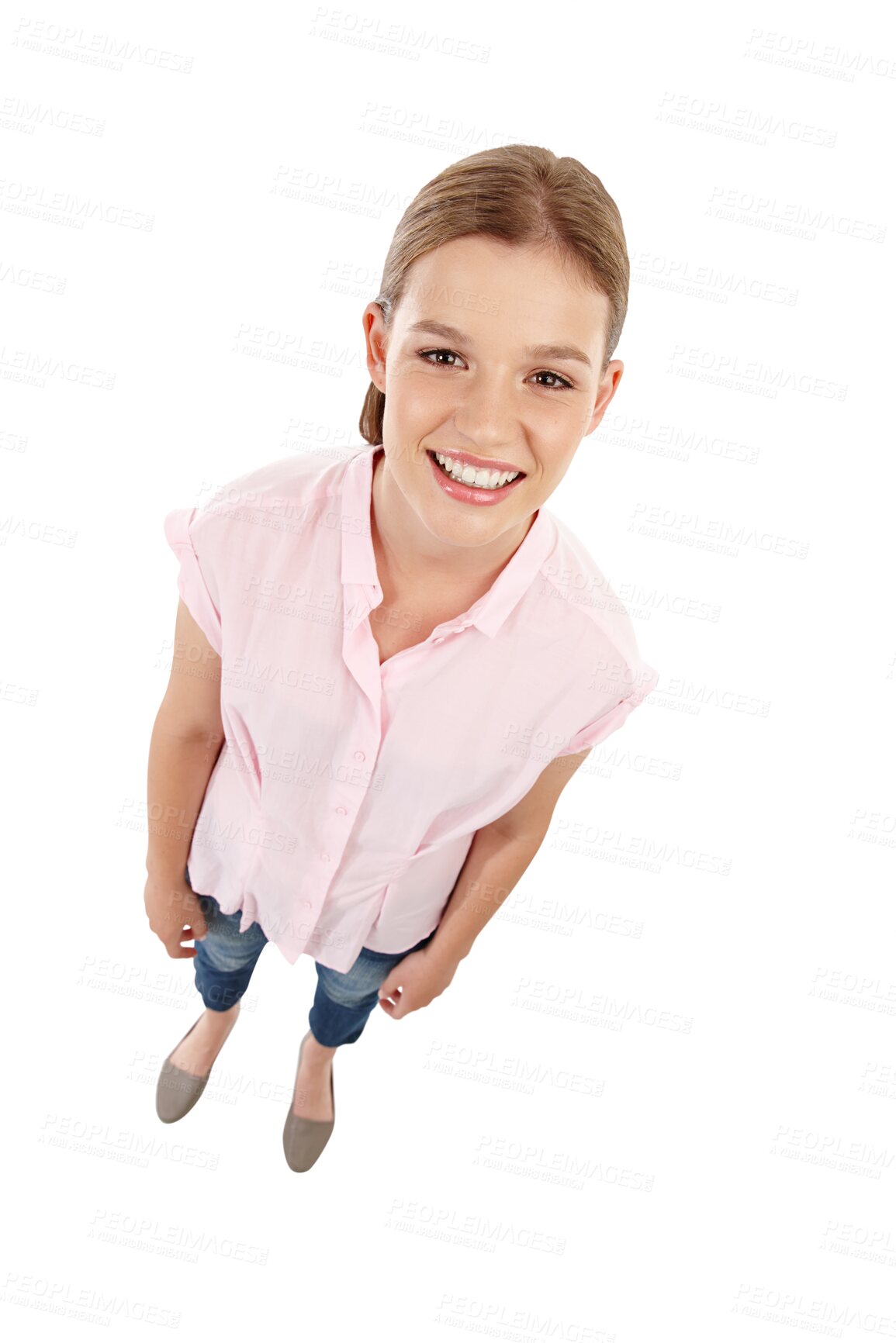 Buy stock photo High angle portrait of happy woman isolated on transparent png background with smile, teen university fashion and beauty. Happiness, casual clothes and teenager girl looking up, student from above.